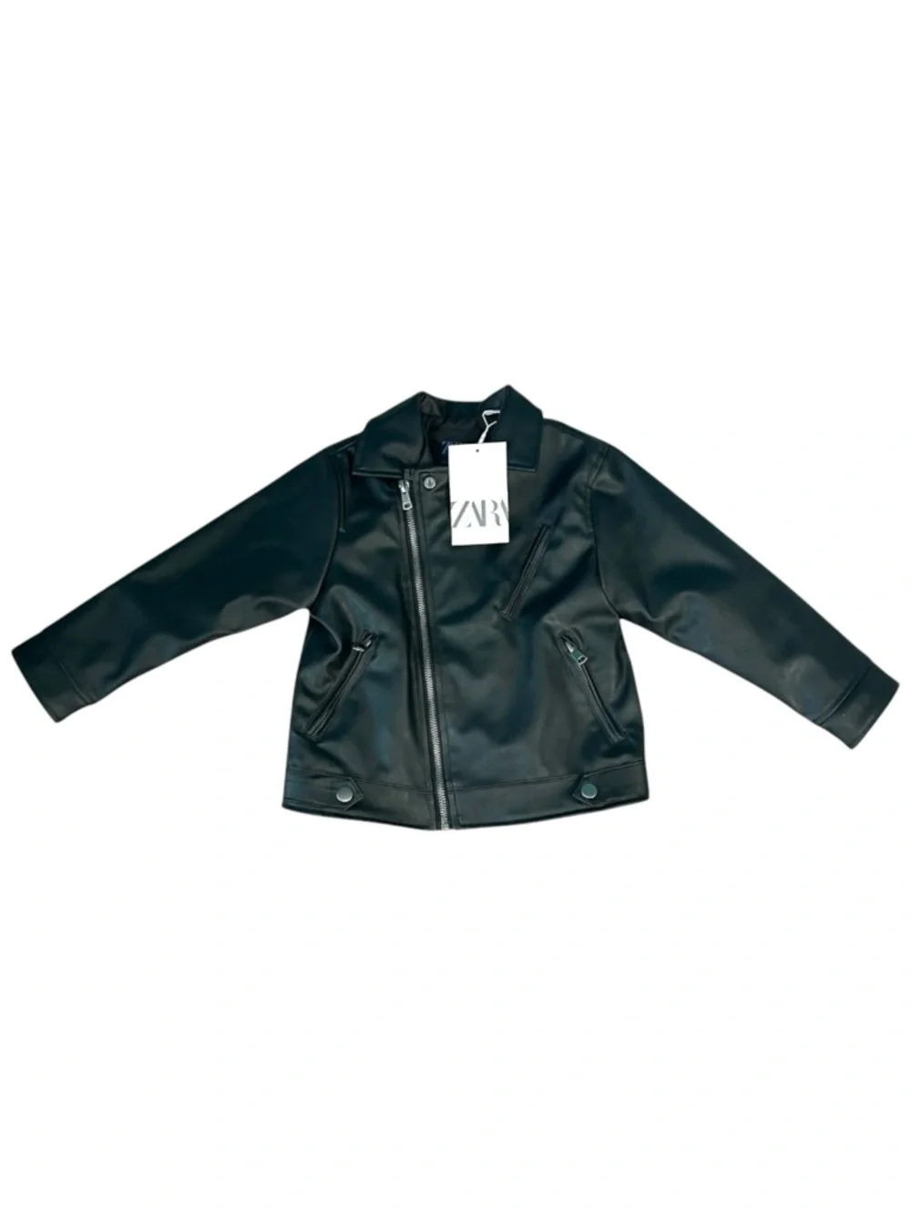 Zara Kids Black Faux Leather Long Sleeve Biker Jacket